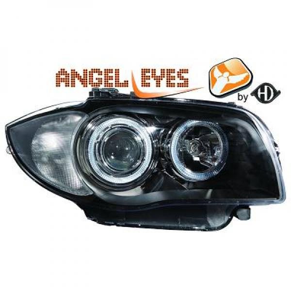 BMW-Serie-1-E81-E87-E82-E88-04-11-Faróis-Angel-Eyes-tipo-Origem-Pretos